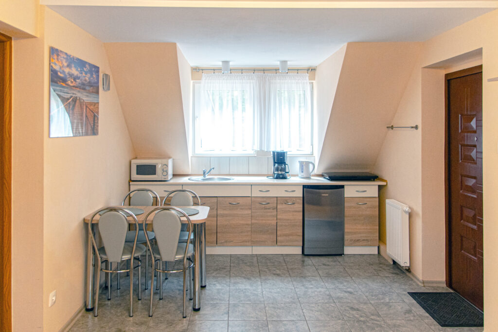 Część kuchenna apartamentu numer 1; zabudowana w pełni wyposażona kuchnia (lodówka, kuchenka indukcyjna, mikrofalówka, ekspres do kawy, zlewozmywak, blaty i szafki), okno i drzwi wejściowe